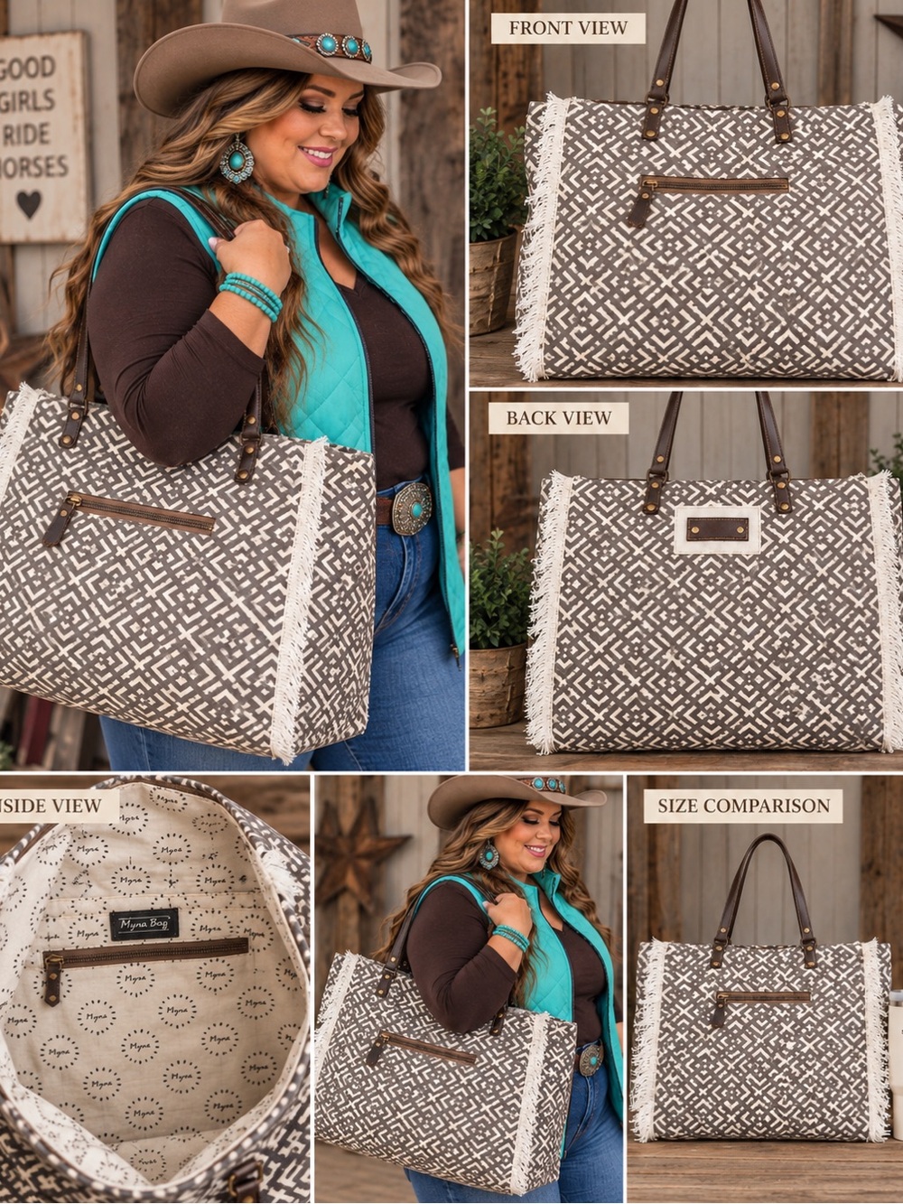 Myra Bag Brown & Cream Geometric Fringe Tote